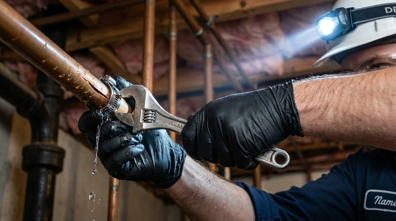 Emergency pipe clamp repair being performed by a Johns Plumbing LLC plumber in Castle Dale