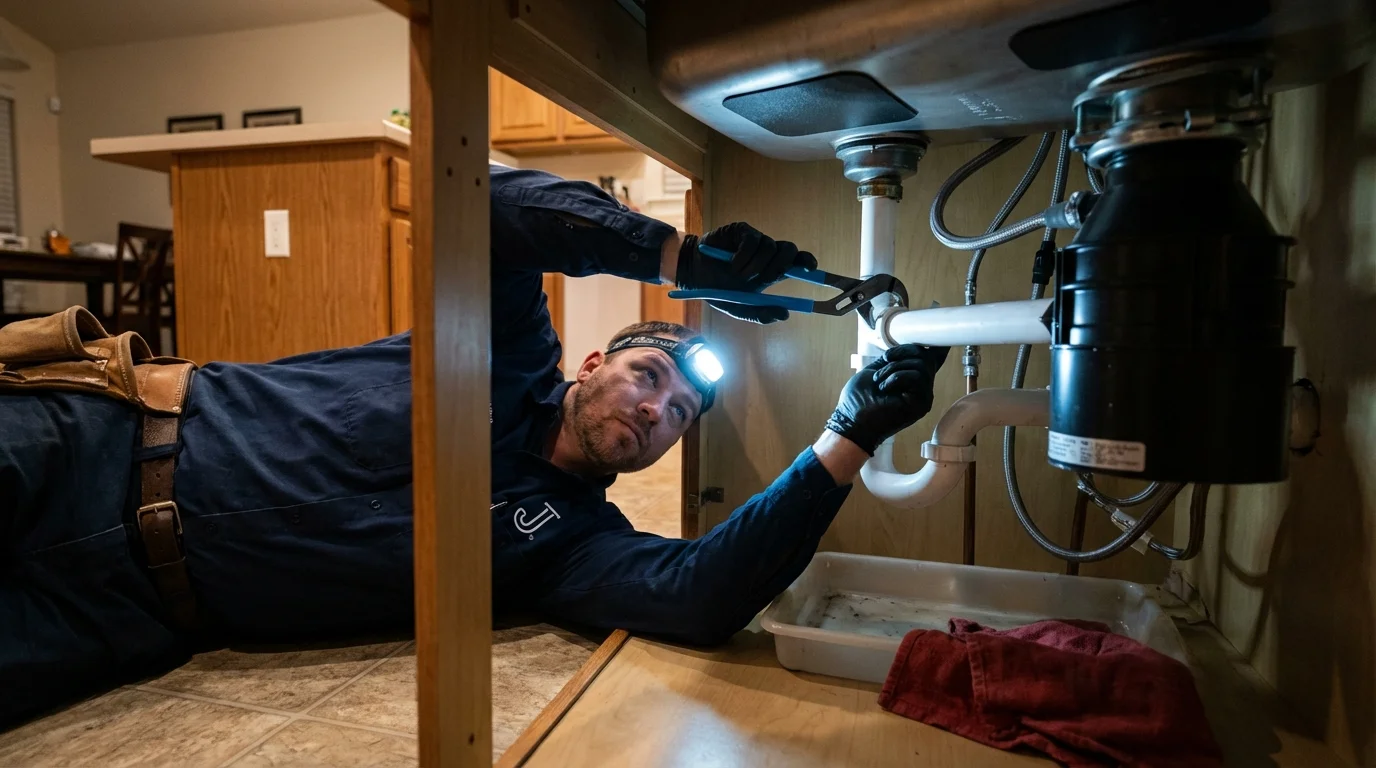 P-trap and supply line connections under a kitchen sink showing a common leak point in Castle Dale, UT